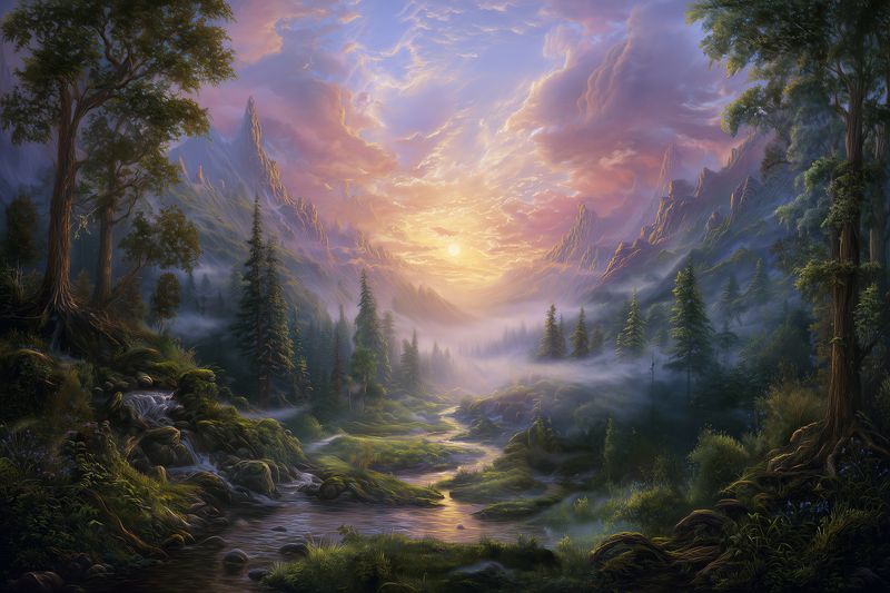 Magical forest valley at sunrise with golden light breaking through misty clouds, a winding stream, towering conifer trees and lush mossy ground creating an ethereal atmosphere