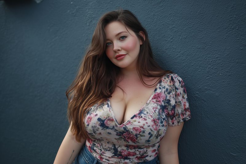 Portrait of a smiling woman with long brown hair in a floral blouse and denim jeans, leaning against a textured dark wall, bathed in soft natural light highlighting her features.