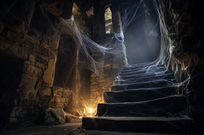 An abandoned stone staircase winds through a dim, ancient underground chamber layered with thick cobwebs, bathed in a faint lantern glow and drifting beams of dusty light.