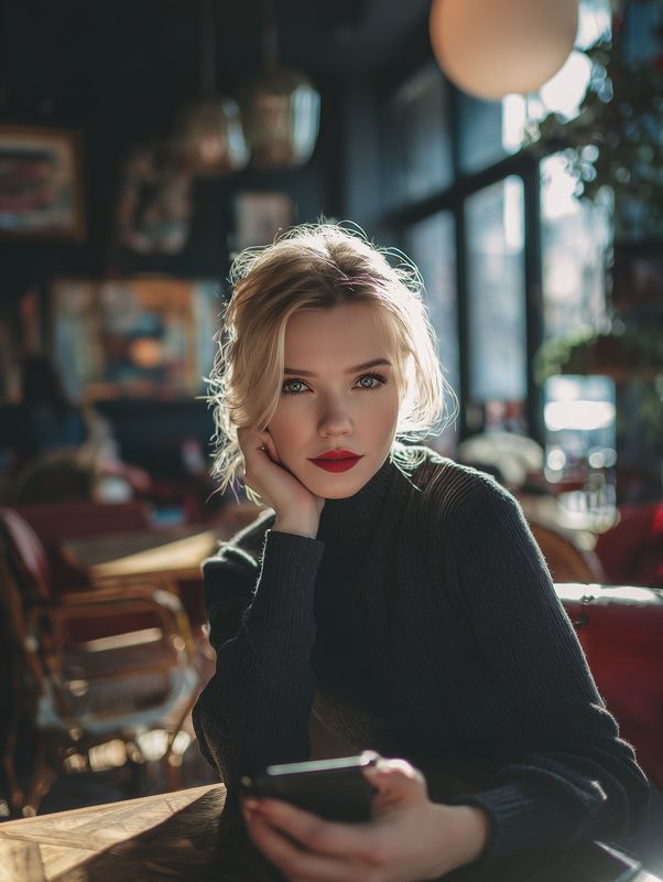 Stylish young woman in a sunlit cafe sits with a smartphone, gazing thoughtfully at the camera. Warm light and soft bokeh create a cozy elegant cinematic portrait mood.