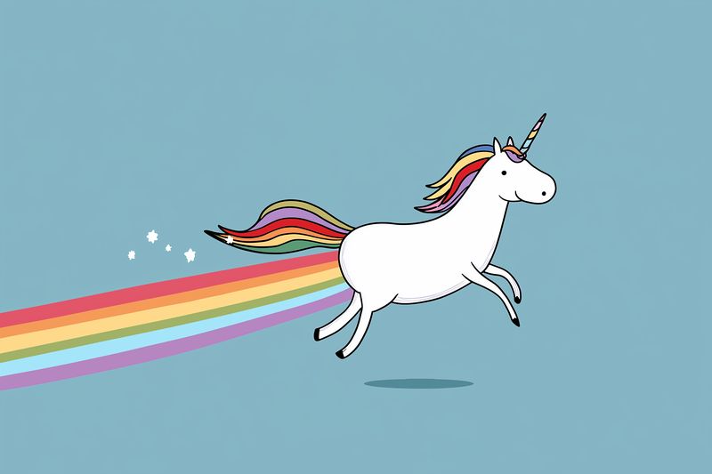 Playful white unicorn with a rainbow mane and tail gallops across a soft blue background, leaving a colorful rainbow trail and sparkles in a whimsical cartoon illustration for children.