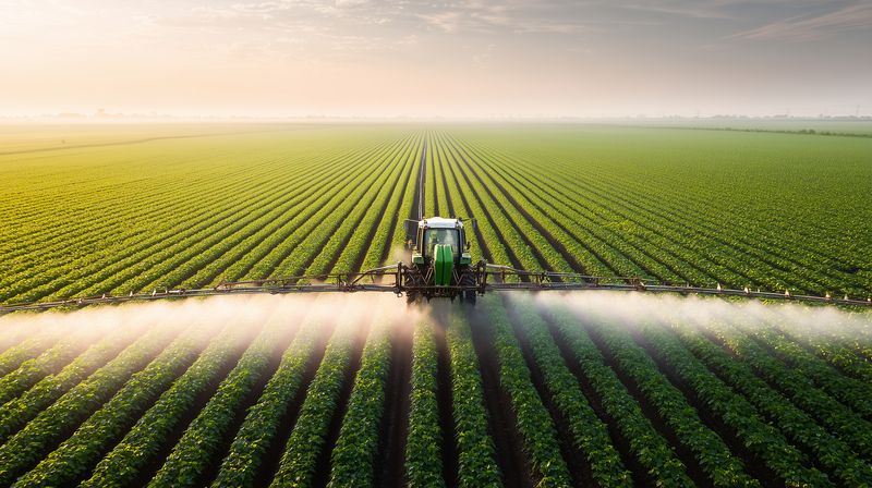 Aerial view of a modern tractor spraying crops across a vast green agricultural field at sunrise, creating misty spray lines over neat rows of healthy plants in precision farming.