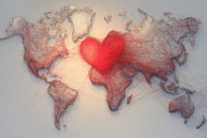 Artistic world map created from pins and threads with a central red heart, symbolizing global connection, love and unity, an emotive handmade representation of shared humanity.