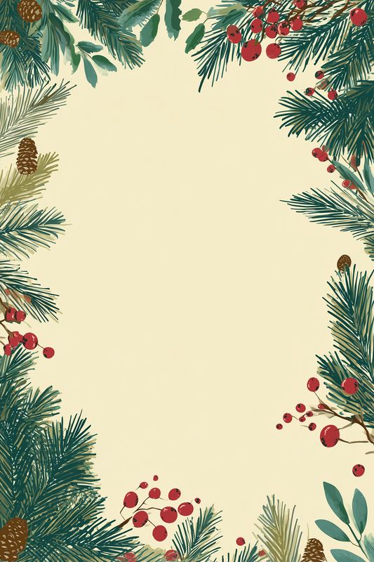 Festive botanical border with pine branches, cones and red berries framing a warm beige background, vintage watercolor style perfect for holiday cards, invitations and seasonal designs.