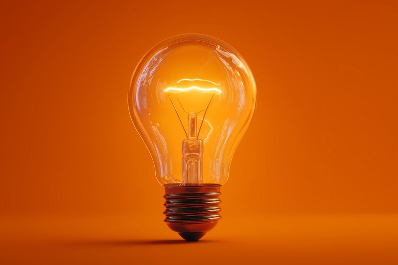 A glowing incandescent light bulb rests on a warm orange background, symbolizing creativity, innovation and bright ideas. Minimal composition with soft reflection and warm glow.