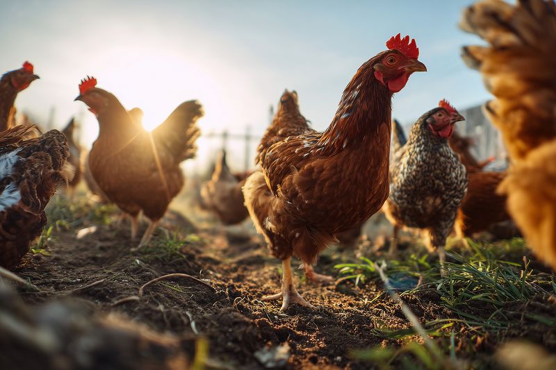 Free range chickens foraging in a sunlit farmyard at golden hour, close-up of hens pecking soil and grass, natural outdoor scene with warm backlight and shallow depth.