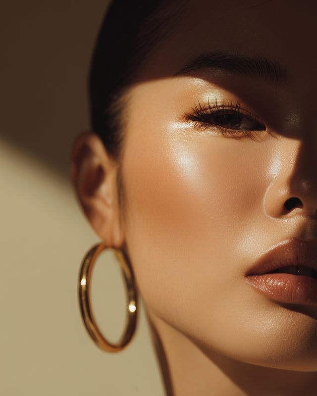 Close-up portrait of a woman with radiant glowing skin and a gold hoop earring, dramatic sunlight and shadow sculpting cheekbone and eyelid for a luxurious fashion beauty image.