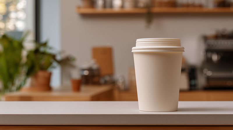 Disposable paper coffee cup with lid placed on a cafe counter, shallow depth of field highlighting the cup with blurred background featuring warm interior tones and soft morning light.