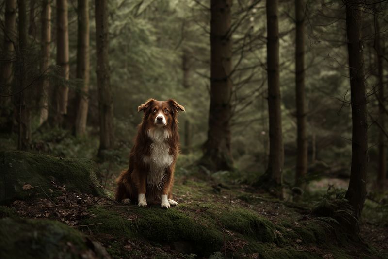 A brown and white dog sits attentively on a mossy rock in a misty evergreen forest, surrounded by tall trees and soft filtered light, creating a calm and moody nature portrait.