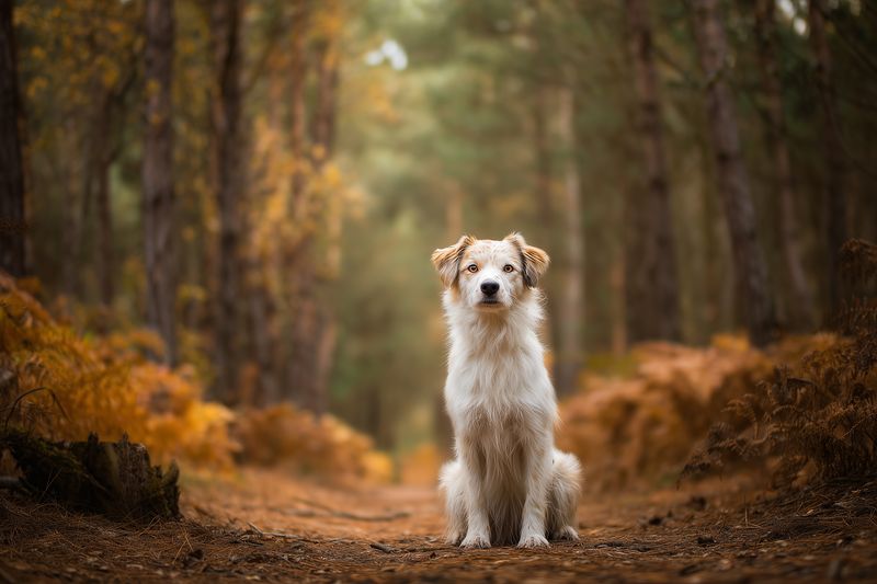 A fluffy wet dog sits calmly on a forest path surrounded by autumn foliage, soft golden light filtering through trees, creating a serene and moody outdoor portrait scene.
