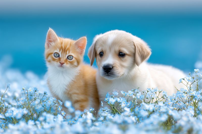 Adorable orange kitten and light brown puppy sitting closely together among delicate blue wildflowers, soft natural light and shallow depth of field create a charming pet portrait.