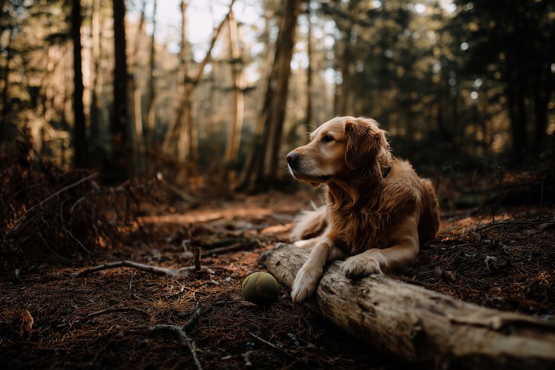 Golden retriever resting on a fallen log in a moody forest, attentive and calm beside a mossy ball, warm earthy tones and soft natural light creating a peaceful outdoor scene.