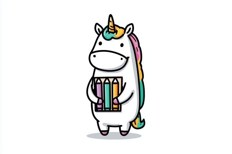 Cute cartoon unicorn holding colorful pencils, whimsical illustration with playful expression, ideal for children, education, stationery, creative projects and fun design elements.