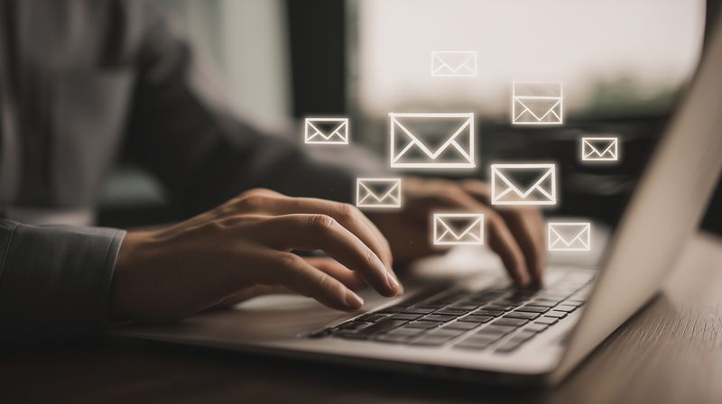 Closeup of hands typing on a laptop keyboard with glowing email icons floating above, concept of digital communication, email marketing, messaging and remote work productivity.