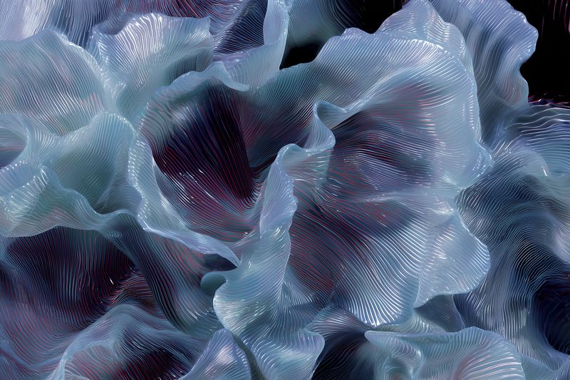 Abstract translucent ruffled layers resembling flowing fabric or coral, with delicate ribbed texture and soft gradient lighting creating a dreamy, organic, and futuristic scene.