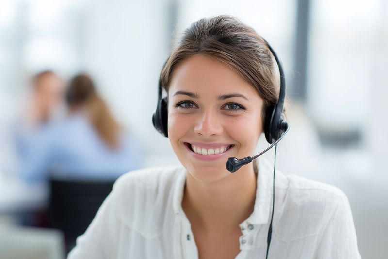 Smiling female customer service representative wearing a headset in a bright modern call center, engaging with clients and providing professional support and friendly assistance.