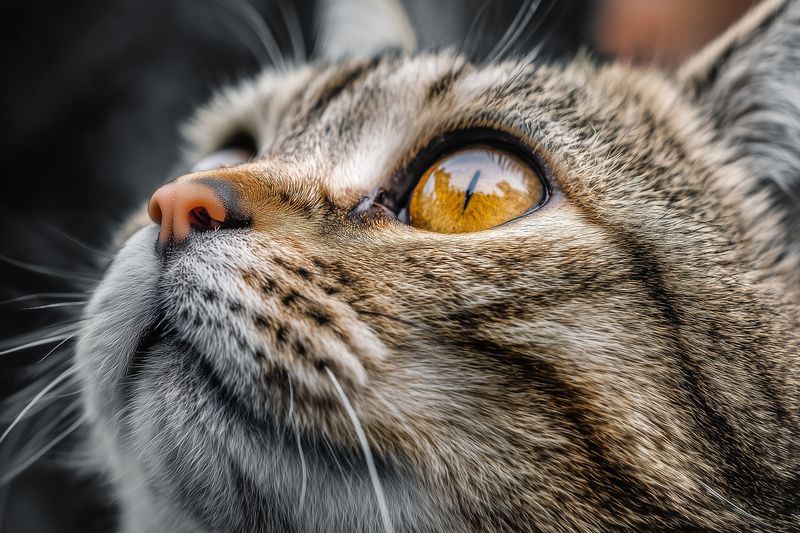 Close-up portrait of a tabby cat with amber reflective eyes, textured fur and long whiskers, captured in soft natural light showing delicate details and a curious upward gaze.