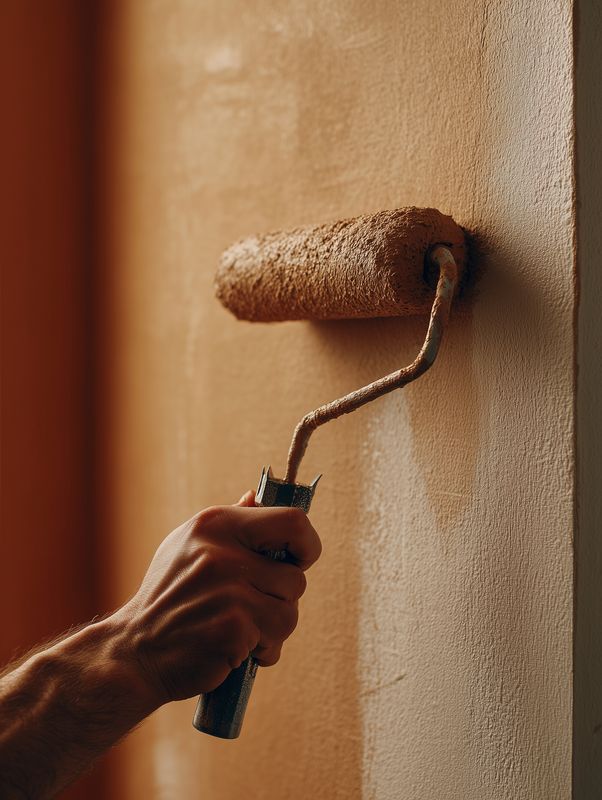 Close-up of a person painting an interior wall with a roller, applying warm brown paint in smooth strokes, showcasing texture and detail of fresh paint and wall surface.