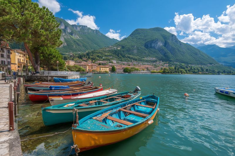 Colorful wooden boats moored along a lakeside promenade with a scenic mountain backdrop, calm water and a charming village under a bright partly cloudy sky.