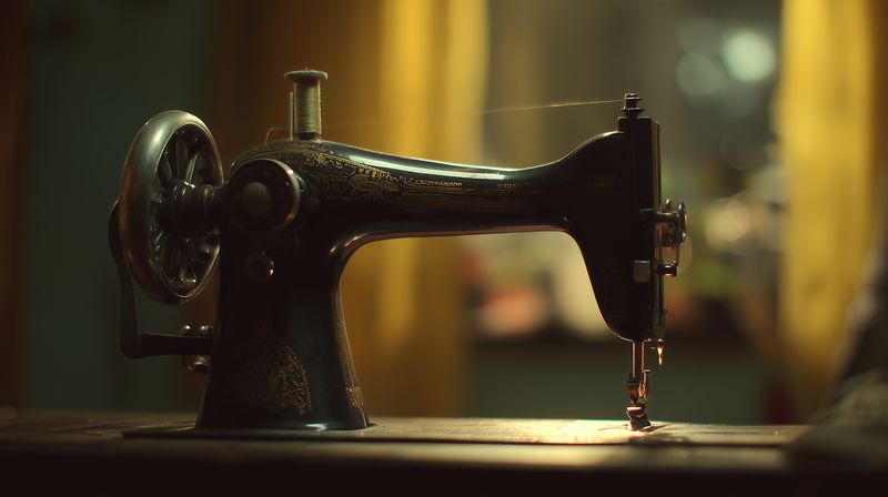 Close-up of an antique sewing machine on wood, softly lit to reveal aged metal textures and a poised needle, evoking nostalgic craftsmanship and vintage workshop atmosphere.