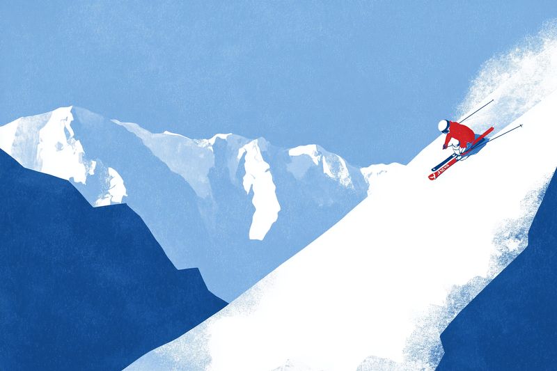 Dynamic illustration of a skier carving down a steep snowy mountain slope, powder spraying behind in motion, red outfit and helmet highlighted against clear blue alpine sky.