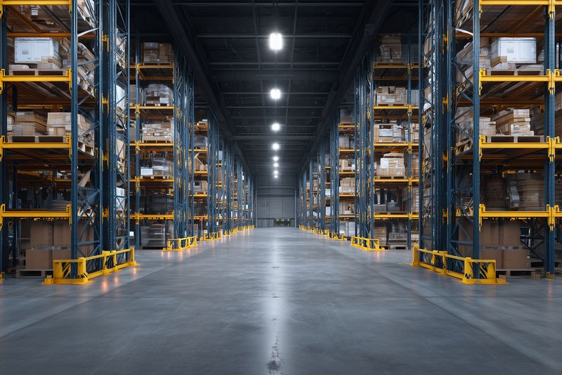 Spacious industrial warehouse interior with tall pallet racking and organized shelving under bright overhead lights, showing a clean empty aisle ready for logistics and storage use.