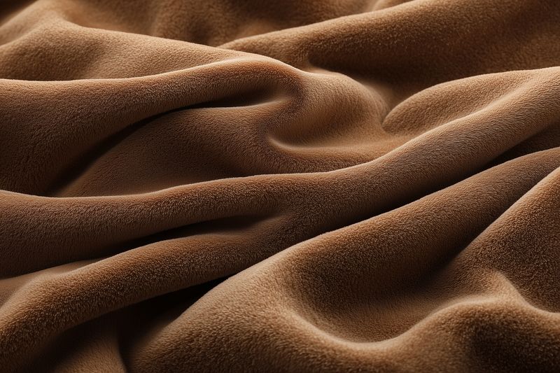 Close-up of soft brown suede fabric with gentle folds and visible textured nap, creating a warm tactile surface and elegant drape suitable for fashion, upholstery and product styling.