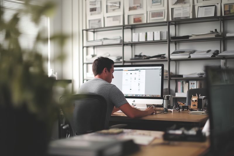 Young man working at a computer in a modern creative studio, focused on design work at a tidy desk with shelves, plants, warm natural light and a coffee cup nearby.