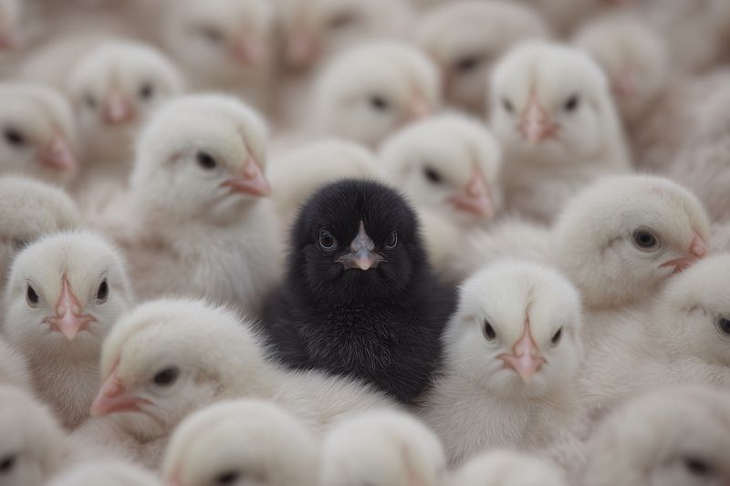 A single black chick stands out among a dense group of fluffy white chicks, highlighting striking contrast and individuality in a close-up view of newborn poultry under soft natural lighting.