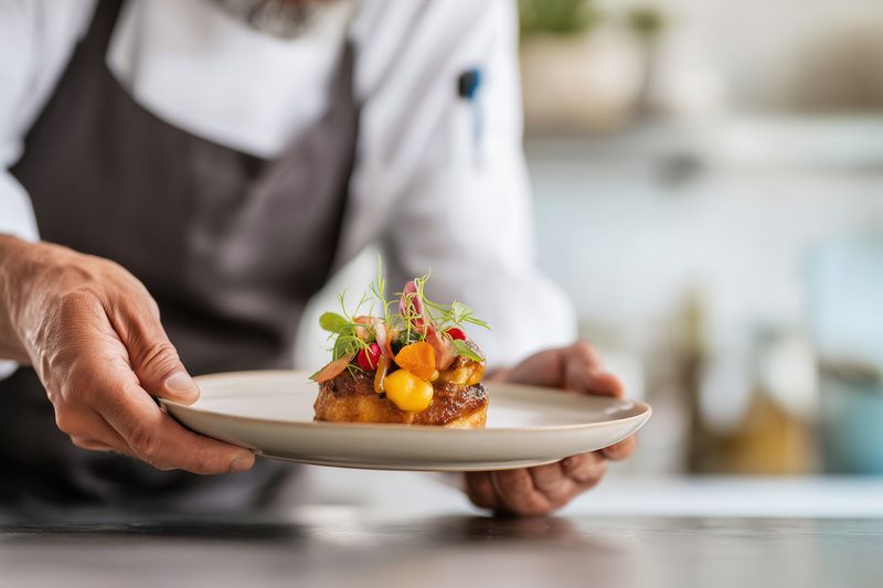 A professional chef presents a plated gourmet dish in a restaurant kitchen, close-up of hands and elegant food styling with vibrant garnishes on a white plate, soft light and precise plating