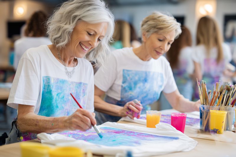 Two senior women enjoy a communal painting workshop, decorating fabric with bright acrylics and smiling while creating colorful designs in a relaxed studio environment.