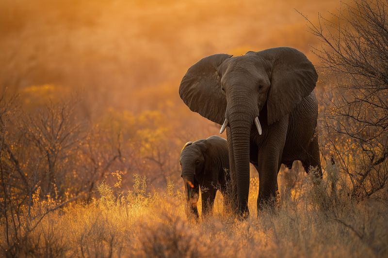 Majestic adult elephant and calf walking through golden grass and scrub at sunset, warm backlight creating dramatic silhouette and intimate wildlife moment in natural habitat.