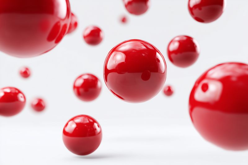 Glossy red spheres floating against a soft white background, creating a minimalist abstract composition with reflections and subtle shadows, conveying motion and modern design.