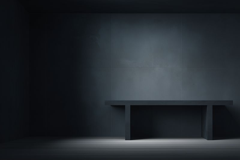 Dark minimalist interior with a concrete bench against textured gray walls, soft spotlight creating dramatic shadows and a moody cinematic atmosphere of calm emptiness.