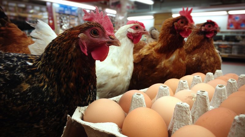Close-up of hens standing behind a carton of brown eggs on a market shelf, highlighting farm animals and fresh produce in a busy indoor shopping environment with natural lighting.