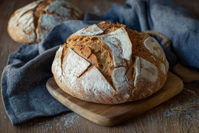 Rustic round sourdough bread loaf on a wooden cutting board with flour dust, displaying a golden crust and artisan scoring, set on a textured cloth for cozy bakery mood.