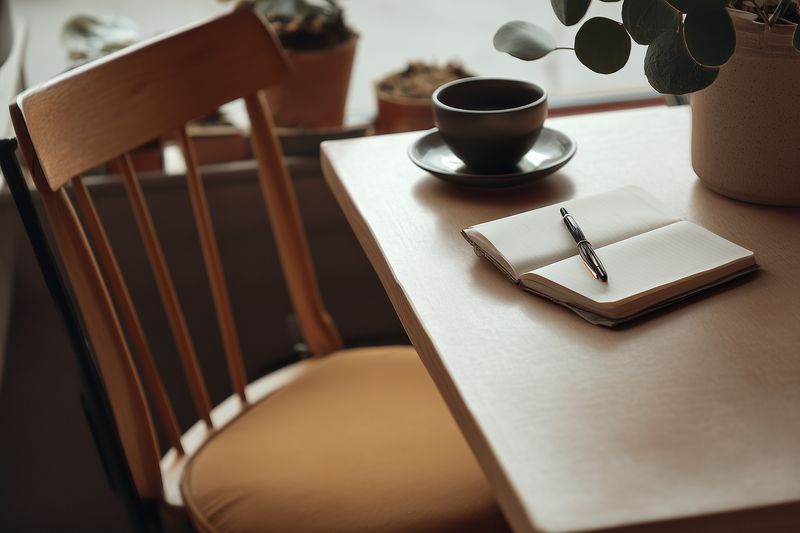 Cozy minimal workspace with a wooden chair and light table holding a notebook, pen and a cup of coffee near a potted plant, bathed in soft natural sunlight for calm focus.