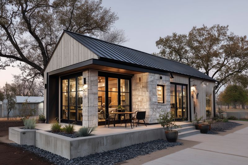 Cozy modern cottage exterior at dusk featuring stone and wood facade, metal roof, large glass windows and illuminated patio seating surrounded by trees and minimalist landscaping.