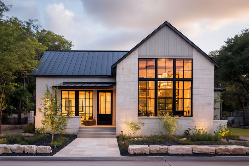 Modern farmhouse exterior at dusk with large black framed windows, stone facade and metal roof. Warm interior lights glow through glass creating inviting contemporary curb appeal.