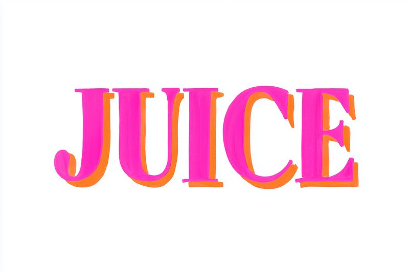 Bold colorful typographic composition spelling the word juice in vibrant pink and orange with retro drop shadow on white background, evoking fresh playful beverage branding and summer energy.