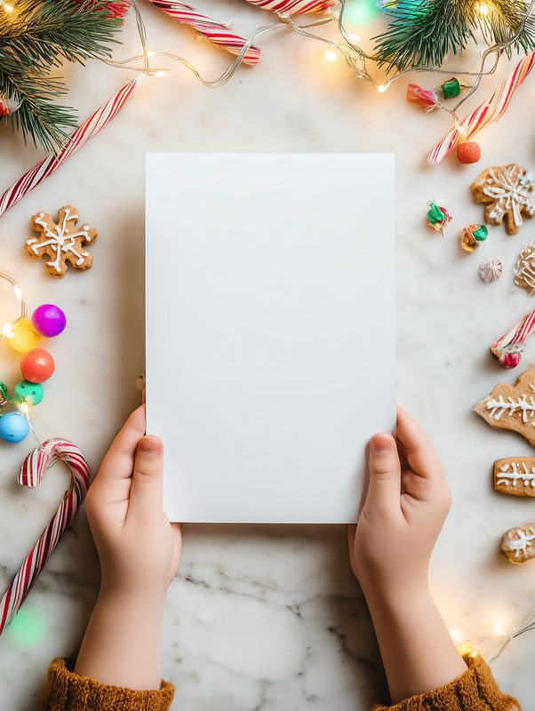 Top view of hands holding a blank white card on a marble surface surrounded by festive decorations, candy canes, gingerbread cookies, pine branches and warm fairy lights.
