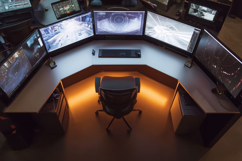 High-tech control room with a curved console and multiple monitors displaying data feeds, radar visuals and surveillance video, illuminated by ambient LED lighting in a dim interior.