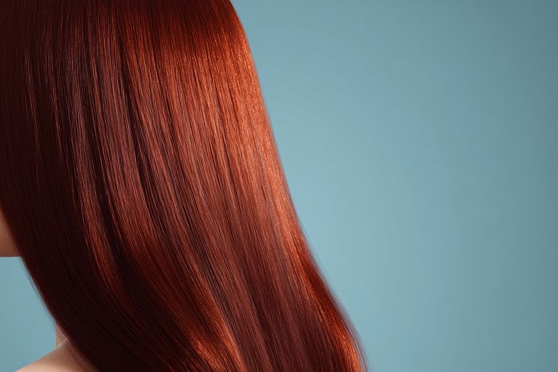 Close-up of glossy red hair cascading over a shoulder against a soft blue background, emphasizing smooth texture, healthy shine and rich color in a minimalist beauty composition.