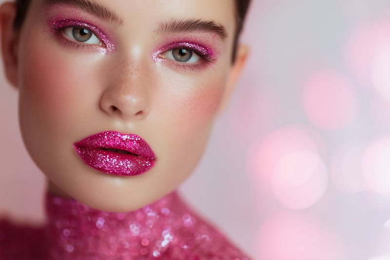 Close-up portrait of a woman wearing vibrant pink glitter makeup on lips, eyes and neck, showcasing dewy skin, shimmering texture, glossy finish and high-fashion beauty styling with soft bokeh.