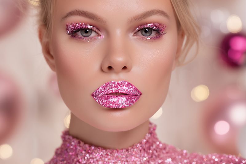 Close-up portrait of a woman with pink glitter makeup on lips and eyelids, sparkling skin and festive bokeh background, glamorous beauty look for fashion and cosmetics.