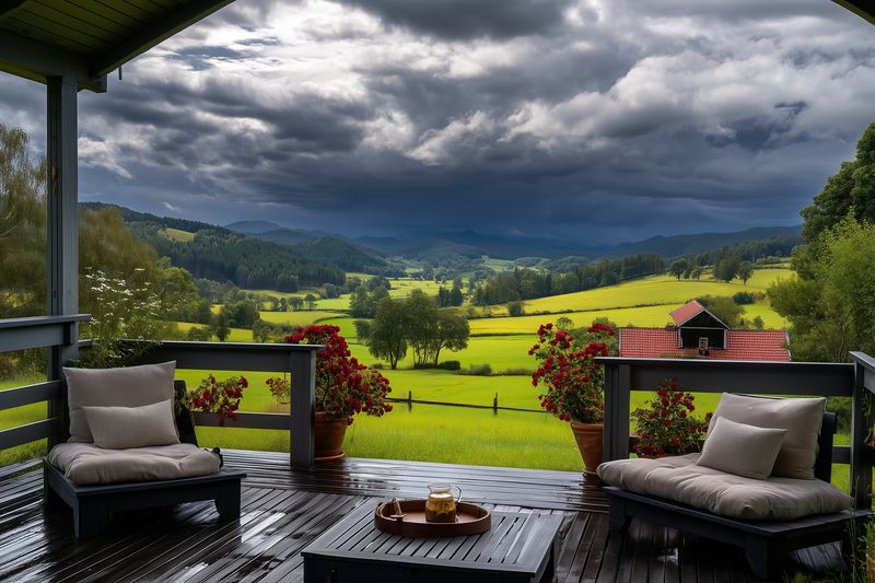 Cozy covered deck with comfortable seating and potted flowers overlooks vibrant green countryside and rolling hills beneath dramatic storm clouds, wet wooden floor and panoramic view.