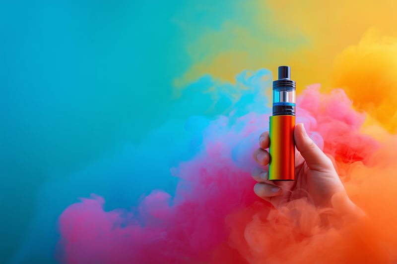 Hand holding a modern electronic vaporizer with vibrant multicolored smoke billowing into a bright gradient background, creating a dramatic and artistic contemporary concept image.