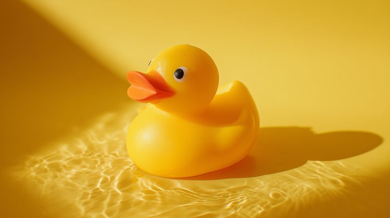 Bright yellow rubber duck toy placed on a lemon yellow surface with soft water reflections and warm directional lighting, creating playful shadow and glossy highlights.