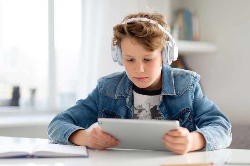 A young boy wearing headphones uses a tablet at a bright home desk, focused on the screen while studying or playing; casual denim jacket suggests comfortable everyday learning.