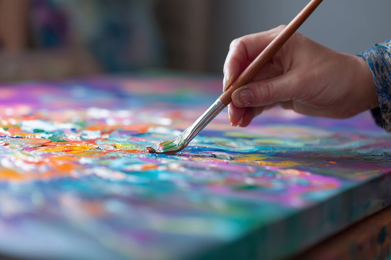 Close-up of an artist's hand applying paint with a brush on a vibrant abstract canvas, showcasing rich texture, color blending and the intimate creative painting process in a studio.